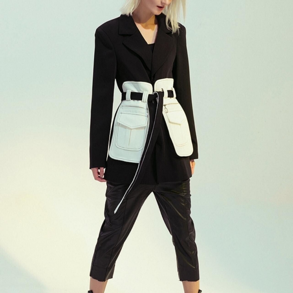 Gawqo Black White Blazer S Sporty Tie Belt Pocket Detail Modern Single Button